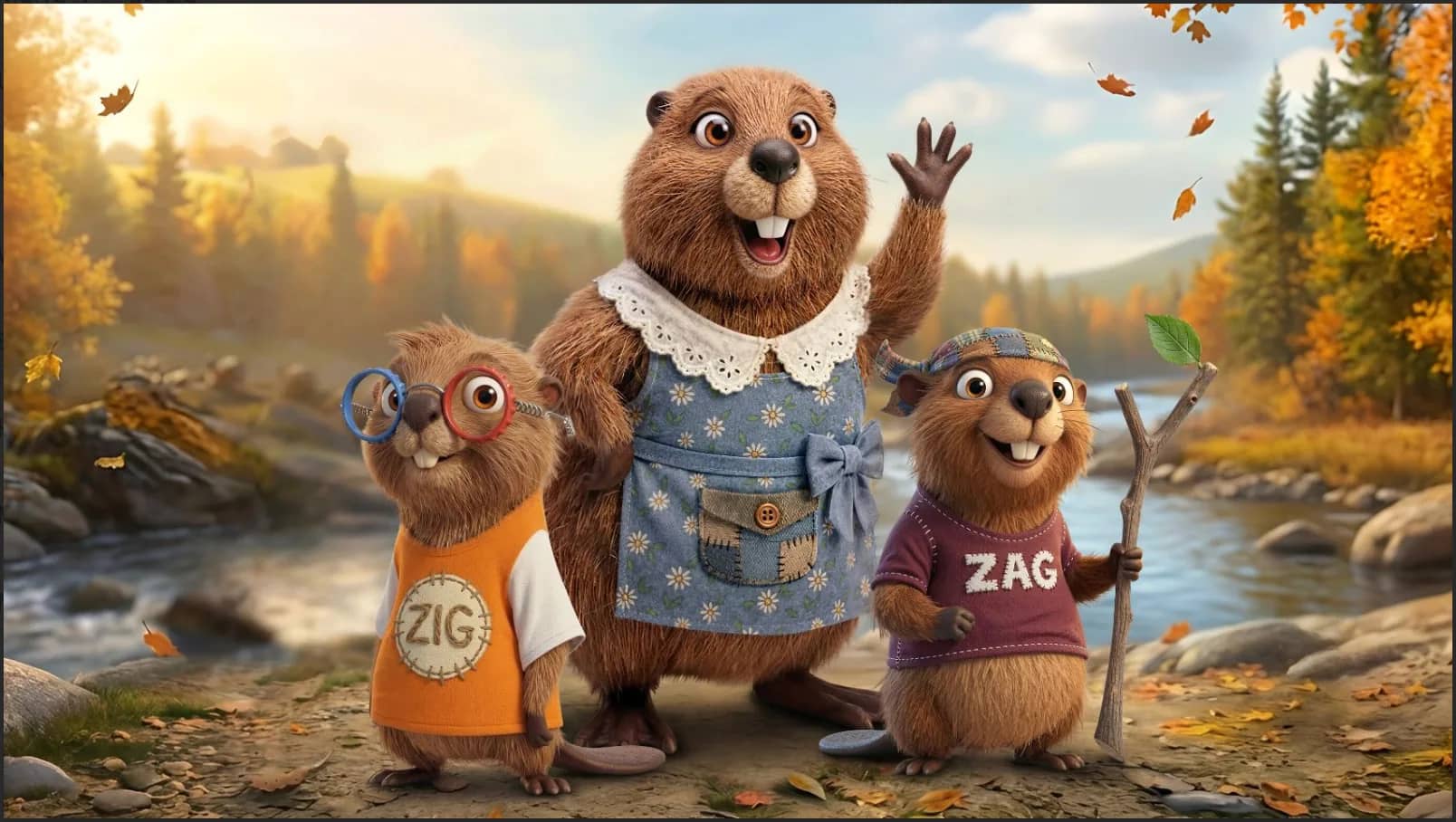Zig, Zag and the MercyPix beaver family by a forest river in autumn